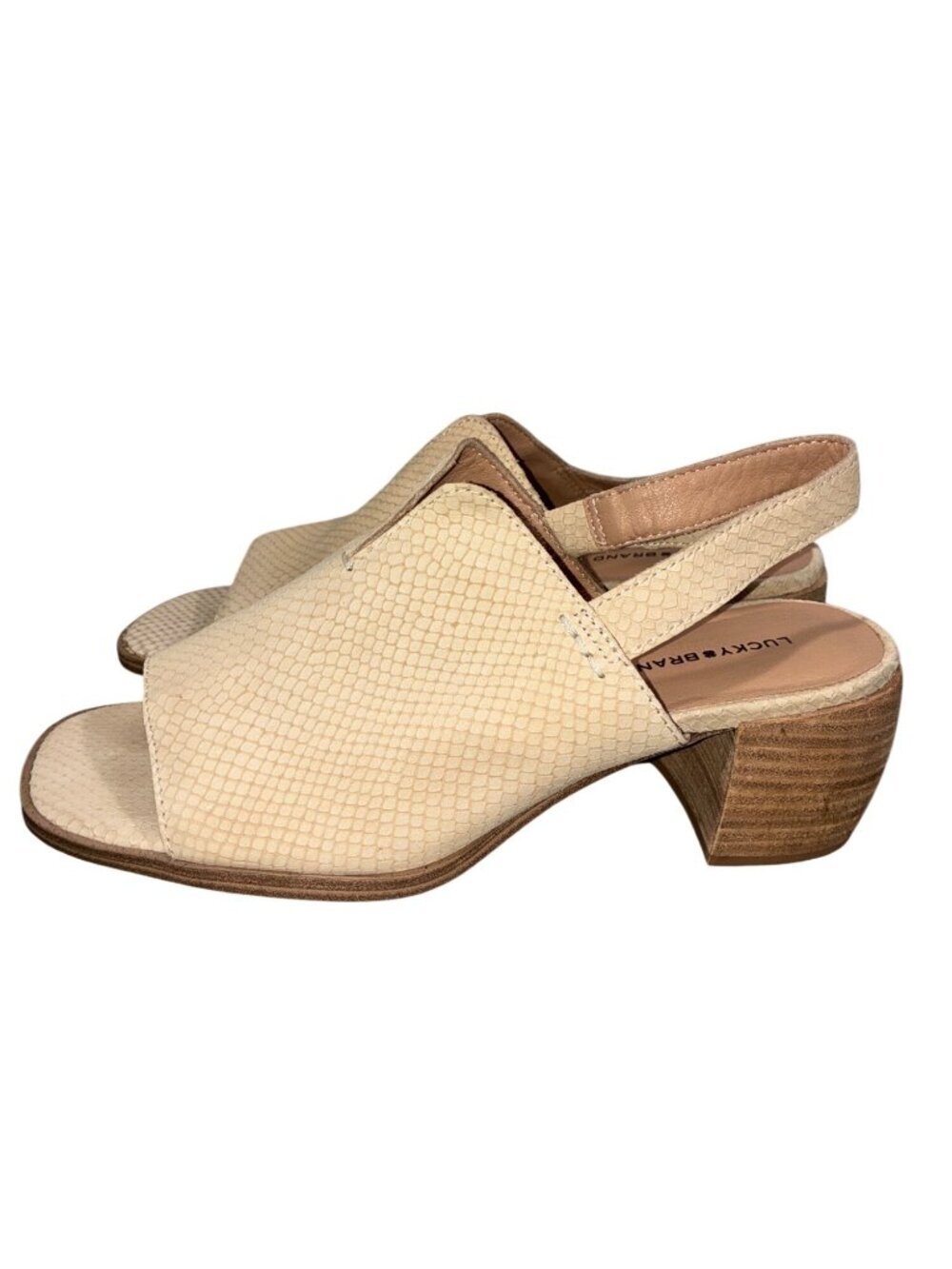 Lucky Brand Jalisco Beige Leather reptile embossed Slingback Open Toe Heeled San